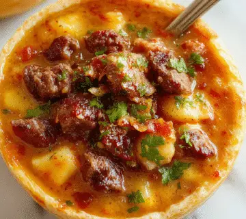 A steaming bowl of Philly Cheesesteak soup with tender shredded beef, melted cheese, and sautéed peppers and onions, garnished with fresh herbs. The soup is served in a rustic bowl, with a spoon resting on the side, showcasing the creamy, hearty texture and vibrant colors of the ingredients.