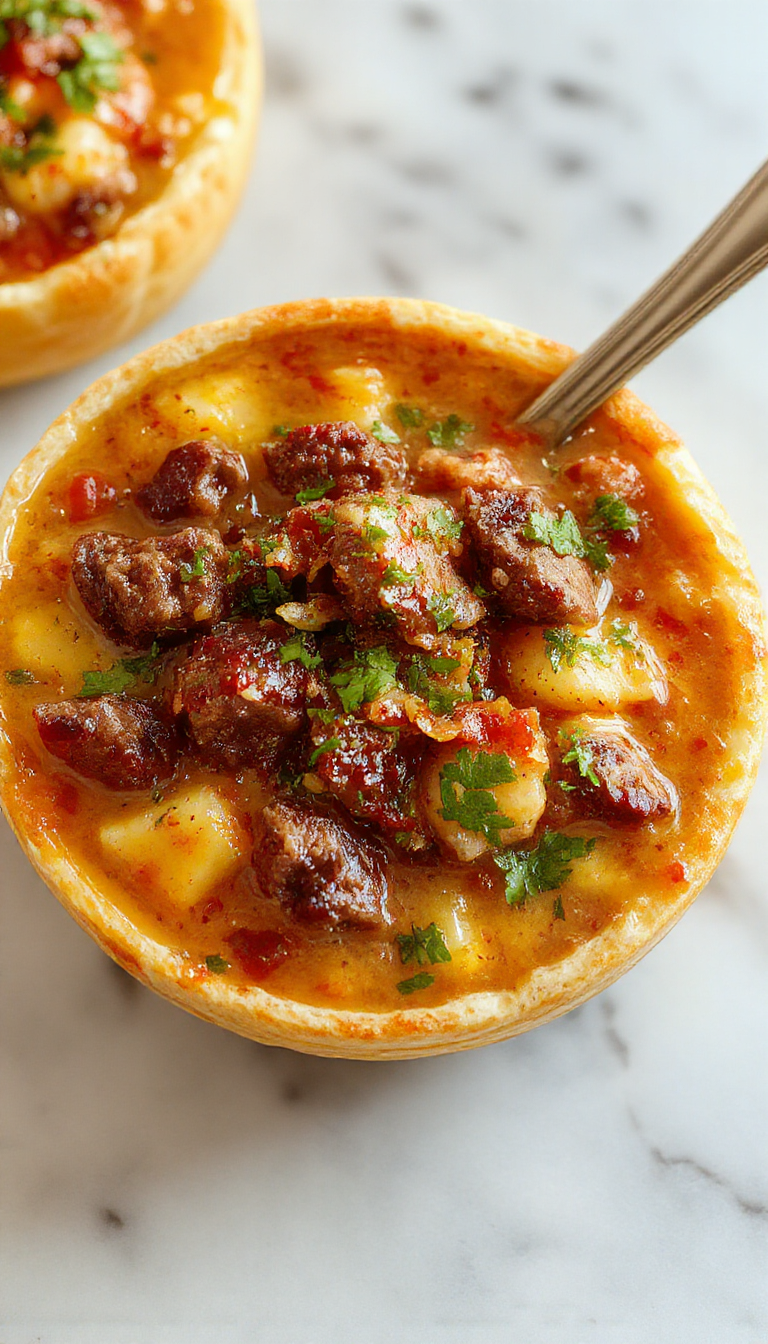 A steaming bowl of Philly Cheesesteak soup with tender shredded beef, melted cheese, and sautéed peppers and onions, garnished with fresh herbs. The soup is served in a rustic bowl, with a spoon resting on the side, showcasing the creamy, hearty texture and vibrant colors of the ingredients.
