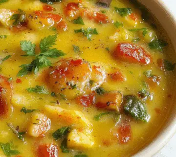 A steaming bowl of vibrant vegetable soup featuring a medley of colorful diced carrots, zucchini, celery, and tomatoes, garnished with fresh herbs. The soup has a thick and hearty texture, with visible chunks of vegetables resting in a clear, golden broth. The bowl is placed on a rustic wooden table with a spoon beside it, evoking a warm, inviting atmosphere.
