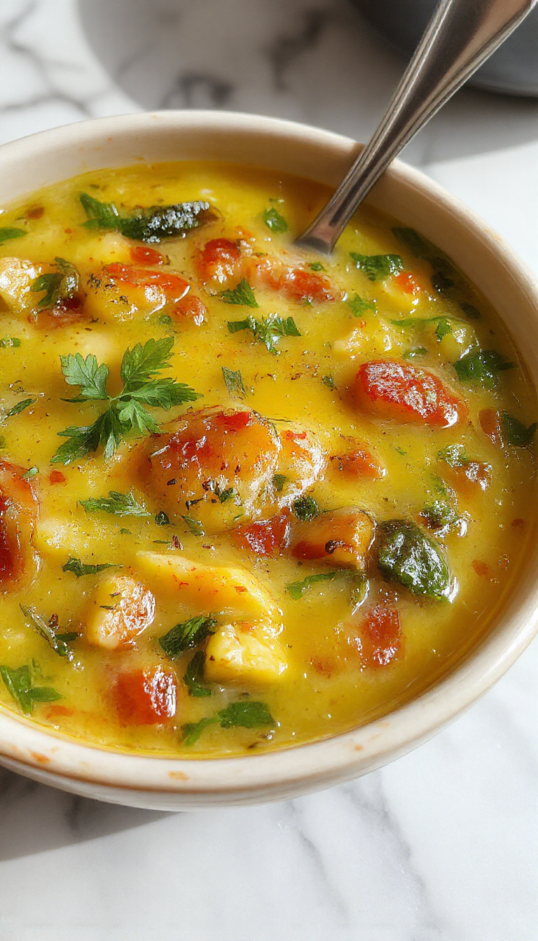 A steaming bowl of vibrant vegetable soup featuring a medley of colorful diced carrots, zucchini, celery, and tomatoes, garnished with fresh herbs. The soup has a thick and hearty texture, with visible chunks of vegetables resting in a clear, golden broth. The bowl is placed on a rustic wooden table with a spoon beside it, evoking a warm, inviting atmosphere.