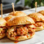 Plate with three sliders featuring crispy breaded chicken patties topped with a spicy Bang Bang sauce, fresh lettuce, and sliced pickles, served on soft, golden-brown buns. The sliders are arranged neatly on a rustic wooden board with colorful side garnishes around.