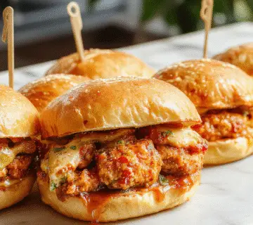Plate with three sliders featuring crispy breaded chicken patties topped with a spicy Bang Bang sauce, fresh lettuce, and sliced pickles, served on soft, golden-brown buns. The sliders are arranged neatly on a rustic wooden board with colorful side garnishes around.