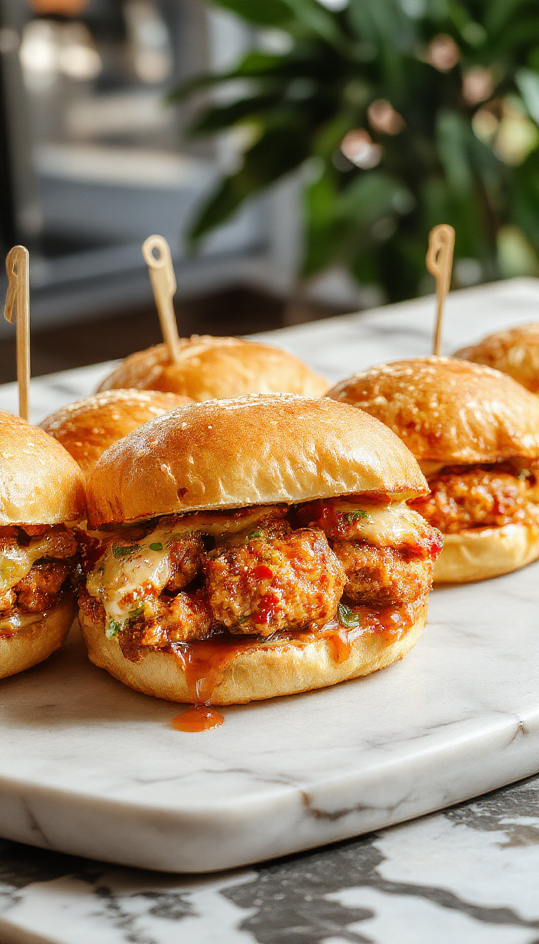 Plate with three sliders featuring crispy breaded chicken patties topped with a spicy Bang Bang sauce, fresh lettuce, and sliced pickles, served on soft, golden-brown buns. The sliders are arranged neatly on a rustic wooden board with colorful side garnishes around.