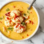 Una taza humeante de sopa de pastel de pollo con un cucharón, mostrando trozos cremosos de pollo, verduras pequeñas y pasta en una sopa gruesa, decorada con hierbas frescas, en un plato rústico de cerámica sobre una mesa de madera natural