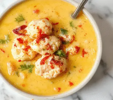 Una taza humeante de sopa de pastel de pollo con un cucharón, mostrando trozos cremosos de pollo, verduras pequeñas y pasta en una sopa gruesa, decorada con hierbas frescas, en un plato rústico de cerámica sobre una mesa de madera natural