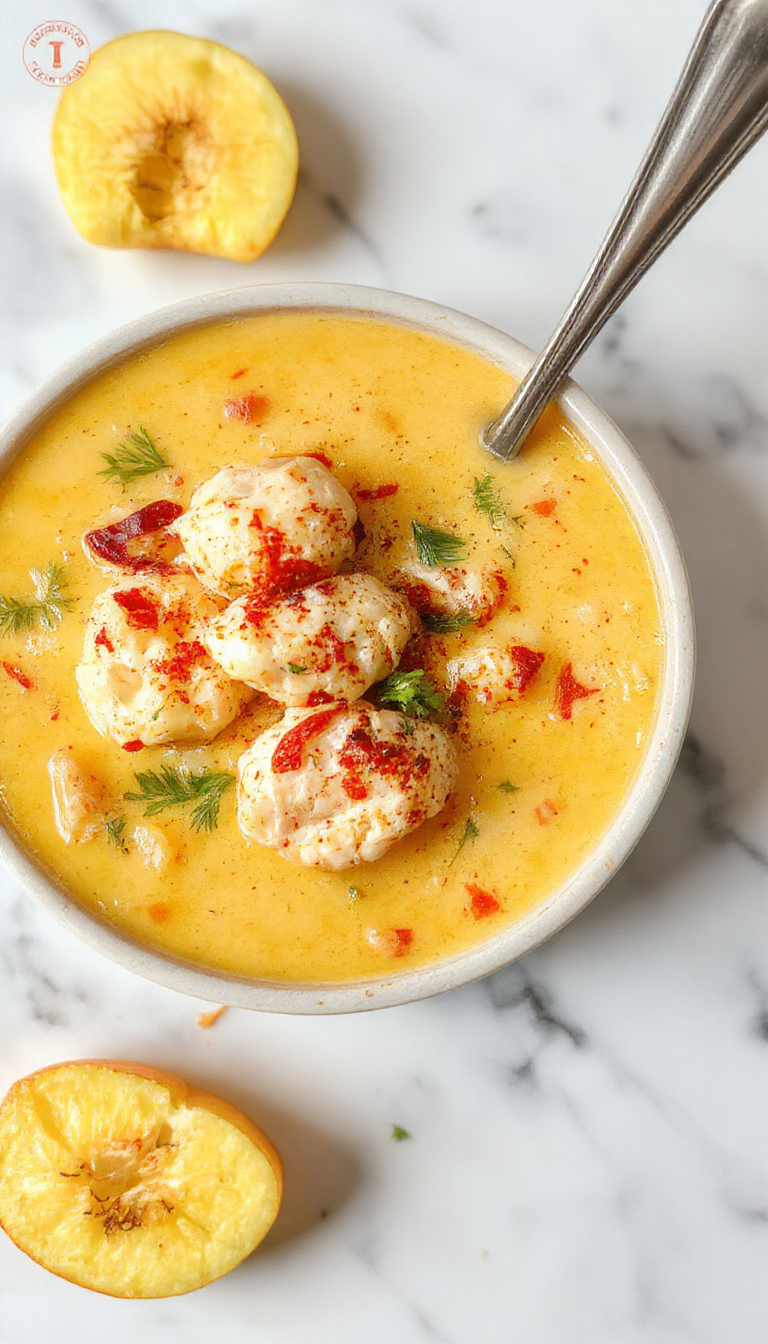 Una taza humeante de sopa de pastel de pollo con un cucharón, mostrando trozos cremosos de pollo, verduras pequeñas y pasta en una sopa gruesa, decorada con hierbas frescas, en un plato rústico de cerámica sobre una mesa de madera natural