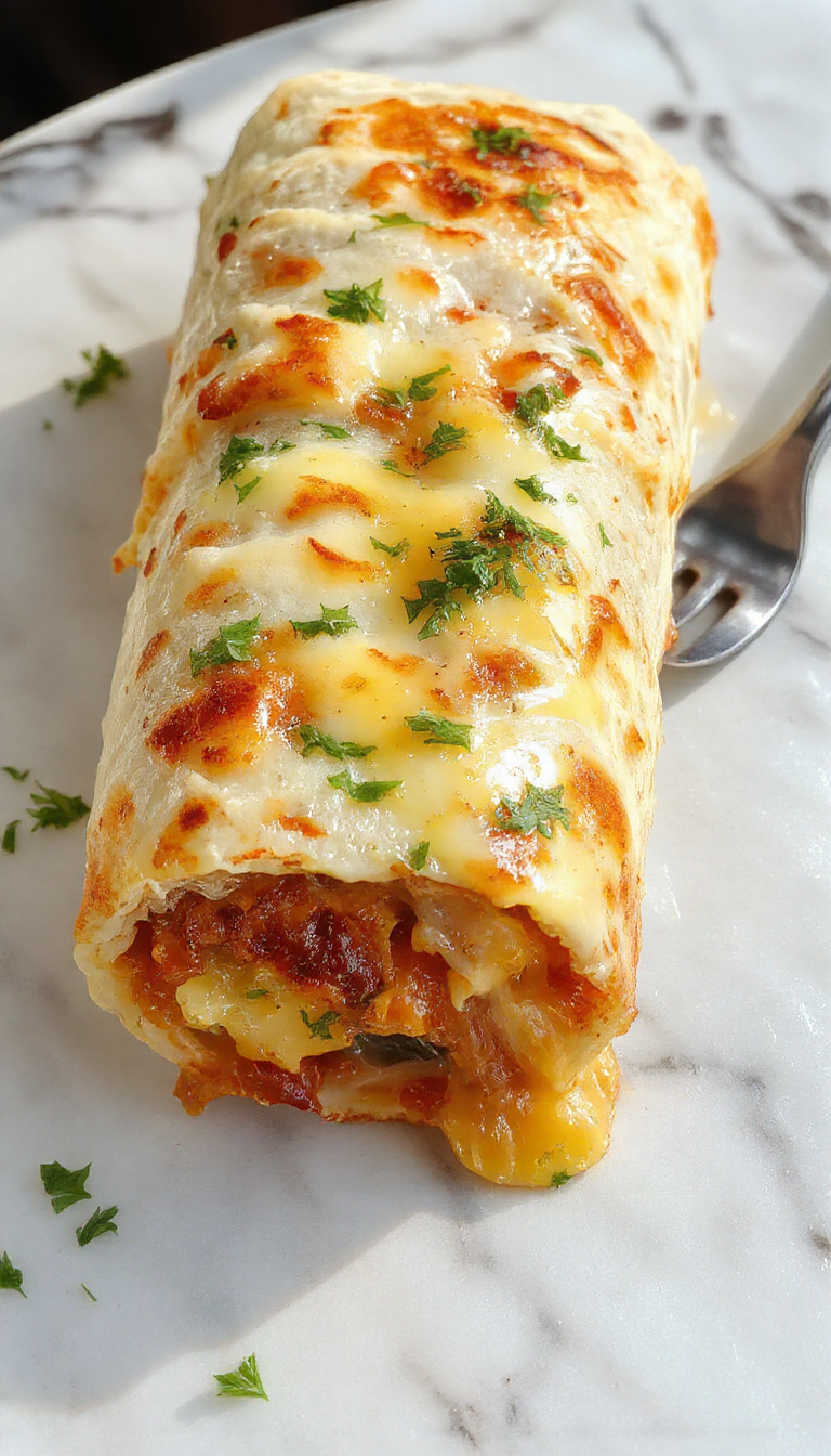 Un burrito de queso a la parrilla dorado y crujiente, cortado por la mitad para mostrar el queso fundido y jugoso en su interior, presentado en un plato blanco, con un fondo desenfocado que sugiere un ambiente de cocina cálido y acogedor