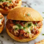 A close-up of a hearty Sloppy Joe sandwich showcasing a soft bun filled with juicy, seasoned ground beef topped with melted cheese, caramelized French onion slices, and a drizzle of sauce. The presentation emphasizes the rich textures and vibrant colors of the ingredients, with the sandwich slightly tilted to reveal the savory filling inside.