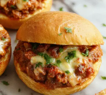 A close-up of a hearty Sloppy Joe sandwich showcasing a soft bun filled with juicy, seasoned ground beef topped with melted cheese, caramelized French onion slices, and a drizzle of sauce. The presentation emphasizes the rich textures and vibrant colors of the ingredients, with the sandwich slightly tilted to reveal the savory filling inside.