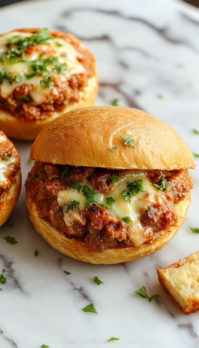A close-up of a hearty Sloppy Joe sandwich showcasing a soft bun filled with juicy, seasoned ground beef topped with melted cheese, caramelized French onion slices, and a drizzle of sauce. The presentation emphasizes the rich textures and vibrant colors of the ingredients, with the sandwich slightly tilted to reveal the savory filling inside.