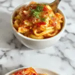 A bowl of creamy pasta soup garnished with fresh herbs, showcasing tender fideos de codo immersed in a rich, velvety white sauce, with a sprinkle of black pepper on top. The soup is presented in a rustic white bowl on a wooden table with a spoon beside it, exuding warmth and comfort.
