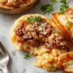 A close-up of a vibrant plate of orzo pasta mixed with seasoned ground beef, topped with fresh herbs and sprinkled with grated cheese, served on a rustic wooden table with a cozy, inviting ambiance.