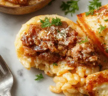 A close-up of a vibrant plate of orzo pasta mixed with seasoned ground beef, topped with fresh herbs and sprinkled with grated cheese, served on a rustic wooden table with a cozy, inviting ambiance.