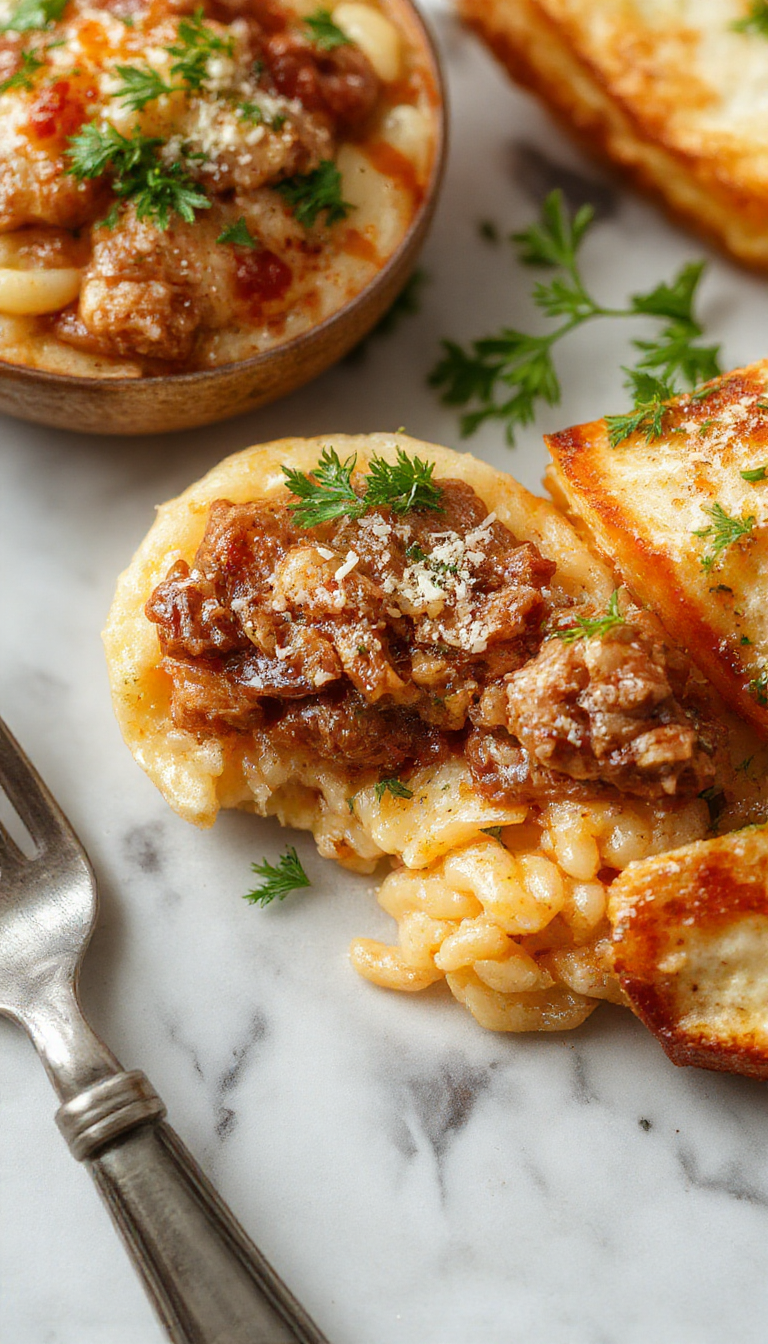 A close-up of a vibrant plate of orzo pasta mixed with seasoned ground beef, topped with fresh herbs and sprinkled with grated cheese, served on a rustic wooden table with a cozy, inviting ambiance.