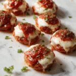 Close-up of spooky salami mozzarella bites arranged to resemble eyeballs on a white platter. Each bite features a round mozzarella ball wrapped with a thin slice of salami, topped with a small black olive as the pupil. The bites are garnished with fresh herbs and set against a dark background, creating a festive Halloween look with textures of glossy salami, smooth mozzarella, and shiny olives.