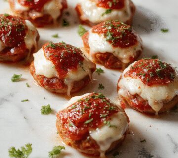 Close-up of spooky salami mozzarella bites arranged to resemble eyeballs on a white platter. Each bite features a round mozzarella ball wrapped with a thin slice of salami, topped with a small black olive as the pupil. The bites are garnished with fresh herbs and set against a dark background, creating a festive Halloween look with textures of glossy salami, smooth mozzarella, and shiny olives.