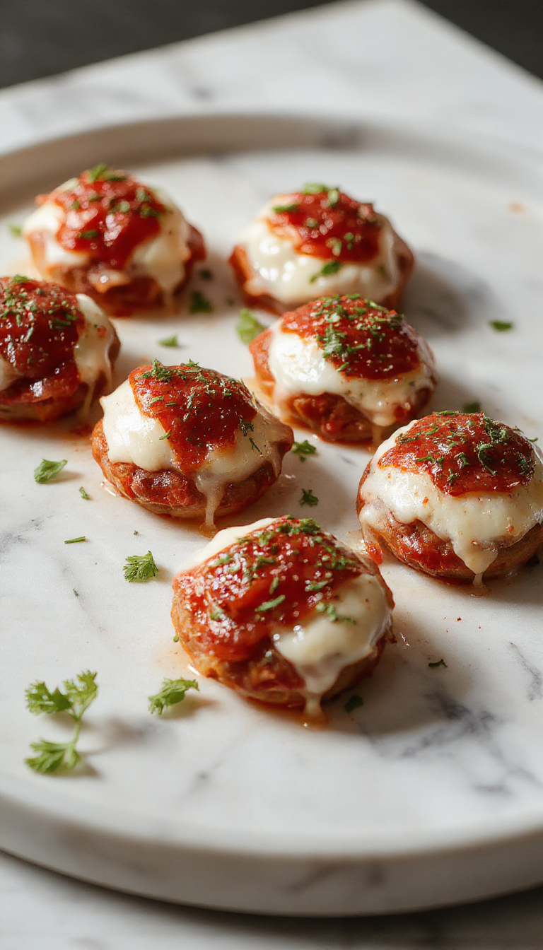 Close-up of spooky salami mozzarella bites arranged to resemble eyeballs on a white platter. Each bite features a round mozzarella ball wrapped with a thin slice of salami, topped with a small black olive as the pupil. The bites are garnished with fresh herbs and set against a dark background, creating a festive Halloween look with textures of glossy salami, smooth mozzarella, and shiny olives.