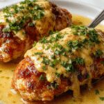 Una jugosa pechuga de pollo dorada con un glaseado brillante de miel y mantequilla, presentada en un plato blanco con un toque de salsa y ramitas de perejil fresco, todo en un fondo rústico con utensilios de cocina y una guarnición de verduras asadas.