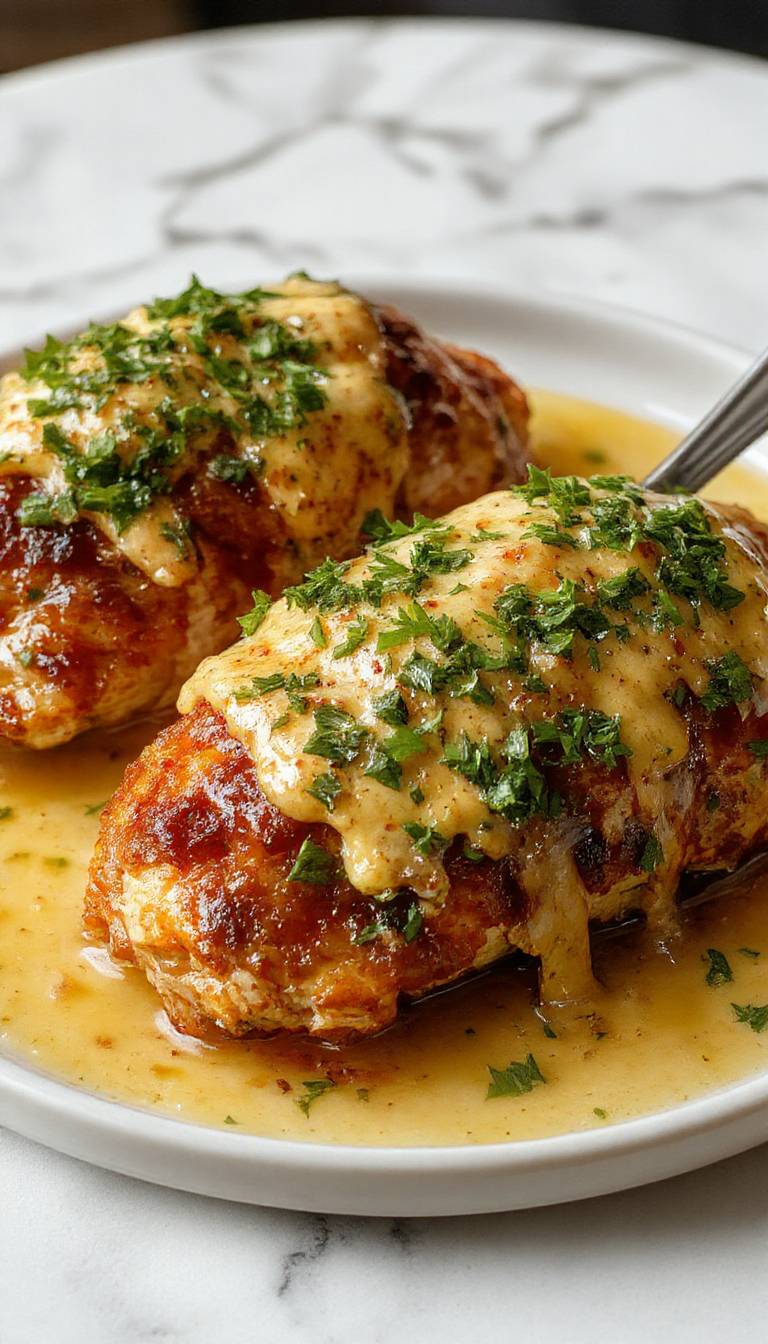 Una jugosa pechuga de pollo dorada con un glaseado brillante de miel y mantequilla, presentada en un plato blanco con un toque de salsa y ramitas de perejil fresco, todo en un fondo rústico con utensilios de cocina y una guarnición de verduras asadas.