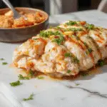 Plato de pollo de la cosecha en una sartén grande, acompañado de trozos de manzana dorados, espolvoreado con hierbas frescas y servido en un plato rústico. La imagen muestra el pollo cocido con una superficie bien dorada y jugosa, con el fondo difuso de ingredientes otoñales y una ambientación cálida y acogedora.