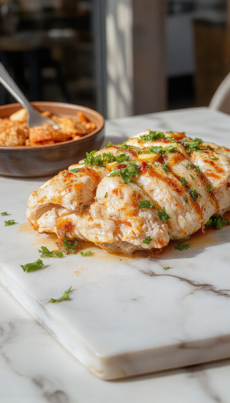 Plato de pollo de la cosecha en una sartén grande, acompañado de trozos de manzana dorados, espolvoreado con hierbas frescas y servido en un plato rústico. La imagen muestra el pollo cocido con una superficie bien dorada y jugosa, con el fondo difuso de ingredientes otoñales y una ambientación cálida y acogedora.