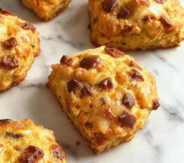 A golden-brown cinnamon pumpkin scone placed on a rustic wooden board, topped with a light dusting of powdered sugar. The scone has a flaky, crumbly texture visible along the edges, with specks of cinnamon and bits of pumpkin throughout. Surrounded by a cozy autumn setting, with a cup of steaming tea and scattered cinnamon sticks nearby, creating an inviting fall atmosphere.