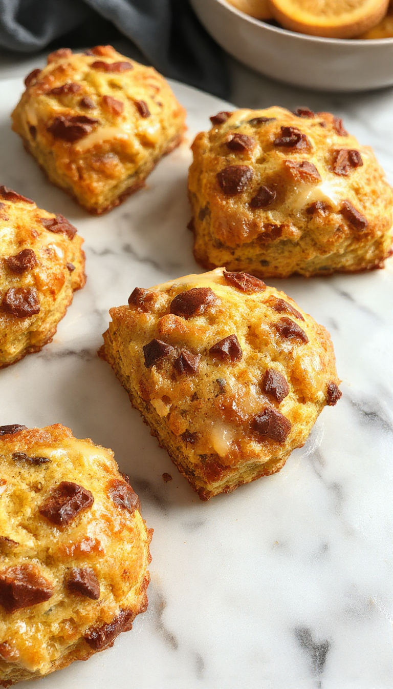 A golden-brown cinnamon pumpkin scone placed on a rustic wooden board, topped with a light dusting of powdered sugar. The scone has a flaky, crumbly texture visible along the edges, with specks of cinnamon and bits of pumpkin throughout. Surrounded by a cozy autumn setting, with a cup of steaming tea and scattered cinnamon sticks nearby, creating an inviting fall atmosphere.