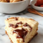 A creamy cinnamon cheesecake topped with crispy churro pieces, garnished with a sprinkle of cinnamon and powdered sugar, plated on a rustic wooden board with a drizzle of caramel sauce. The cheesecake has a smooth, golden-brown surface with textured churro topping adding visual contrast.