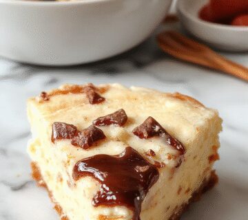 A creamy cinnamon cheesecake topped with crispy churro pieces, garnished with a sprinkle of cinnamon and powdered sugar, plated on a rustic wooden board with a drizzle of caramel sauce. The cheesecake has a smooth, golden-brown surface with textured churro topping adding visual contrast.