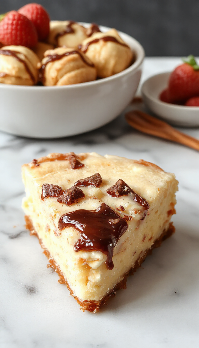A creamy cinnamon cheesecake topped with crispy churro pieces, garnished with a sprinkle of cinnamon and powdered sugar, plated on a rustic wooden board with a drizzle of caramel sauce. The cheesecake has a smooth, golden-brown surface with textured churro topping adding visual contrast.