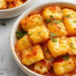 A golden baking dish filled with layers of crispy tater tots, melted cheese, and creamy potato mixture, garnished with chopped green onions, served on a rustic wooden table.