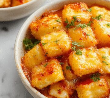 A golden baking dish filled with layers of crispy tater tots, melted cheese, and creamy potato mixture, garnished with chopped green onions, served on a rustic wooden table.