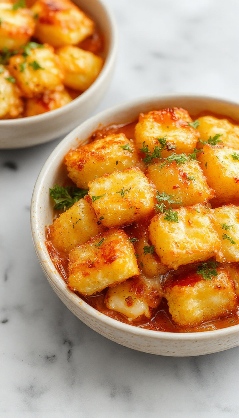 A golden baking dish filled with layers of crispy tater tots, melted cheese, and creamy potato mixture, garnished with chopped green onions, served on a rustic wooden table.