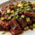 Plato de bistec de pimienta chino con cebolla, cortado en trozos jugosos y cubierto con una salsa brillante y especiada. Se presenta en un plato blanco con cebollas caramelizadas y trozos de carne sazonada visualmente apetitosos, con una textura jugosa y un brillo atractivo que resalta los sabores intensos.