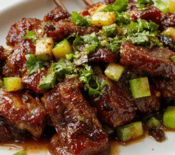Plato de bistec de pimienta chino con cebolla, cortado en trozos jugosos y cubierto con una salsa brillante y especiada. Se presenta en un plato blanco con cebollas caramelizadas y trozos de carne sazonada visualmente apetitosos, con una textura jugosa y un brillo atractivo que resalta los sabores intensos.