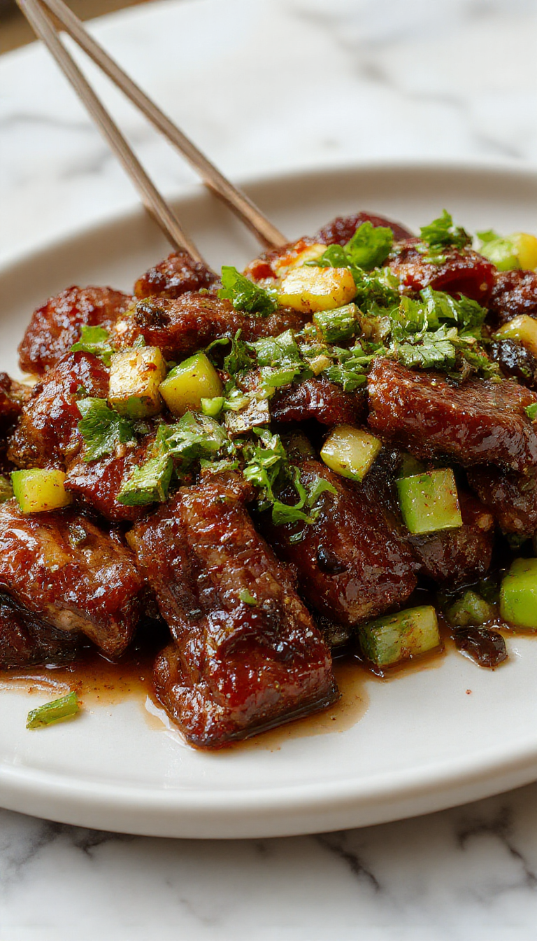 Plato de bistec de pimienta chino con cebolla, cortado en trozos jugosos y cubierto con una salsa brillante y especiada. Se presenta en un plato blanco con cebollas caramelizadas y trozos de carne sazonada visualmente apetitosos, con una textura jugosa y un brillo atractivo que resalta los sabores intensos.