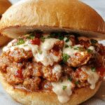 A close-up of a hearty Sloppy Joes de Pollo Alfredo sandwich on a toasted hoagie bun, topped with melted cheese, garnished with fresh parsley. The sandwich is cut in half, revealing a creamy, shredded chicken Alfredo mixture with a smooth, cheesy sauce and colorful bits of vegetables inside, served on a rustic wooden plate with a side of crispy fries and a small bowl of extra Alfredo sauce. Bright, inviting lighting highlights the rich textures and vibrant colors of the dish.