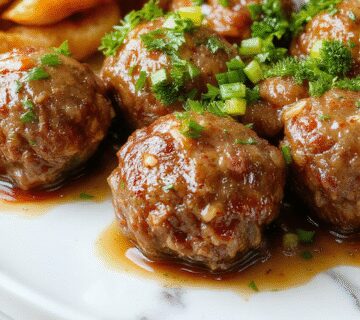 A close-up of tender Salisbury steak meatballs arranged neatly on a rustic ceramic plate, coated with rich brown gravy, garnished with fresh chopped parsley, and accompanied by mashed potatoes and steamed vegetables in the background.