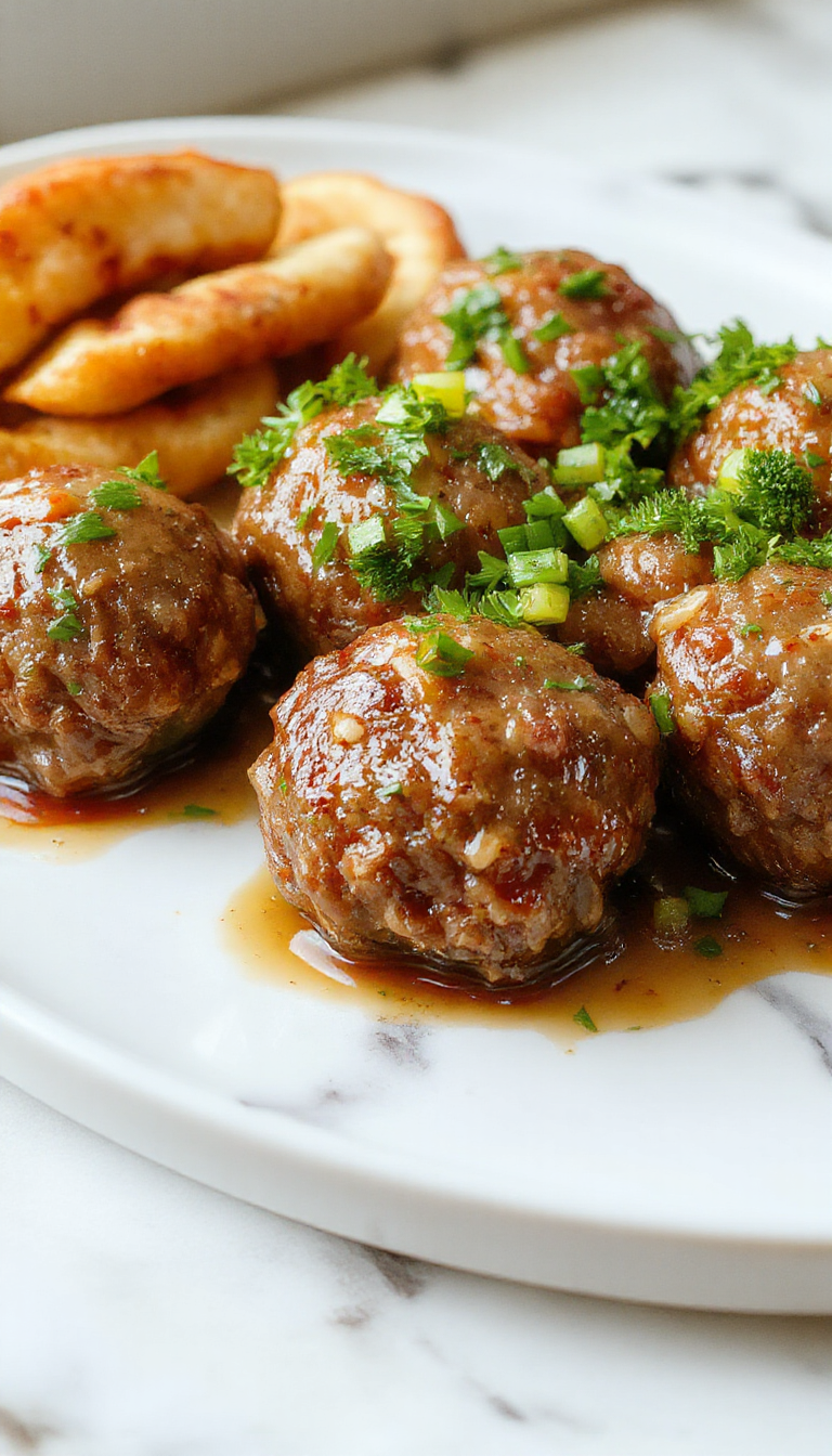 A close-up of tender Salisbury steak meatballs arranged neatly on a rustic ceramic plate, coated with rich brown gravy, garnished with fresh chopped parsley, and accompanied by mashed potatoes and steamed vegetables in the background.