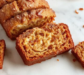 A golden-brown loaf of snickerdoodle banana bread sits on a rustic wooden surface, topped with a cinnamon-sugar crust. The bread's surface is slightly cracked, revealing a moist interior, with cinnamon-sugar sprinkled on top for added texture. A few slices are cut, showcasing a tender crumb speckled with hints of banana and cinnamon.