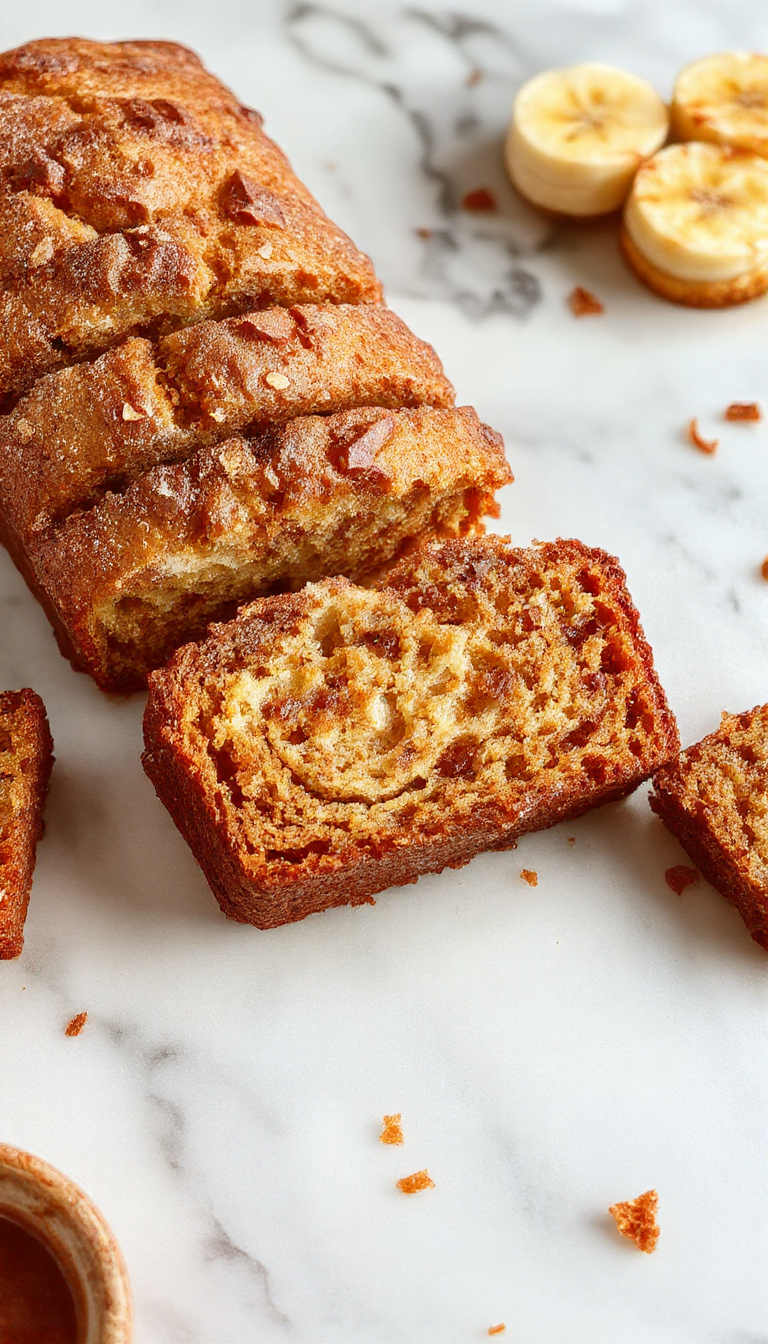 A golden-brown loaf of snickerdoodle banana bread sits on a rustic wooden surface, topped with a cinnamon-sugar crust. The bread's surface is slightly cracked, revealing a moist interior, with cinnamon-sugar sprinkled on top for added texture. A few slices are cut, showcasing a tender crumb speckled with hints of banana and cinnamon.