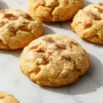 Una bandeja de Snickerdoodles de Manzana recién horneados, dorados y aromáticos, con un toque de canela en la superficie, decorados con pequeños trozos de manzana visible. Las galletas están apiladas ligeramente y un ramillete de canela en polvo a un lado acentúa la escena, sobre un fondo cálido y acogedor.