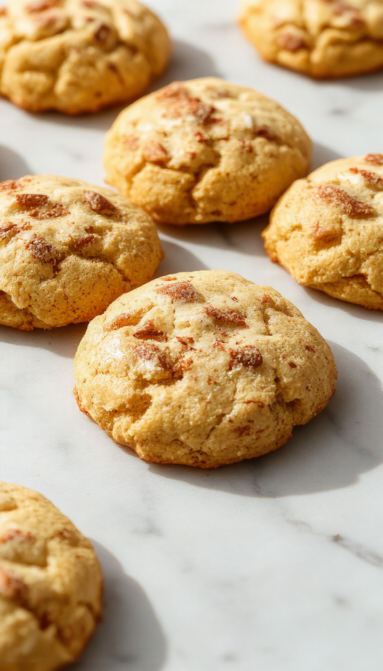 Una bandeja de Snickerdoodles de Manzana recién horneados, dorados y aromáticos, con un toque de canela en la superficie, decorados con pequeños trozos de manzana visible. Las galletas están apiladas ligeramente y un ramillete de canela en polvo a un lado acentúa la escena, sobre un fondo cálido y acogedor.