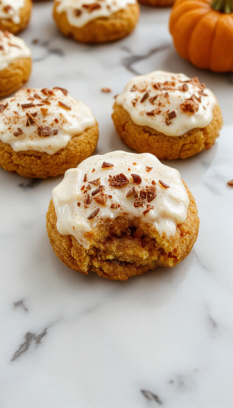 A close-up of soft pumpkin cookies topped with creamy cinnamon frosting, arranged on a rustic wooden platter, with a sprinkle of cinnamon on top and a few cinnamon sticks nearby. The cookies have a golden-brown crust and a moist, tender interior visible through a slightly cracked surface, with a generous swirl of cinnamon frosting adding a decorative touch.