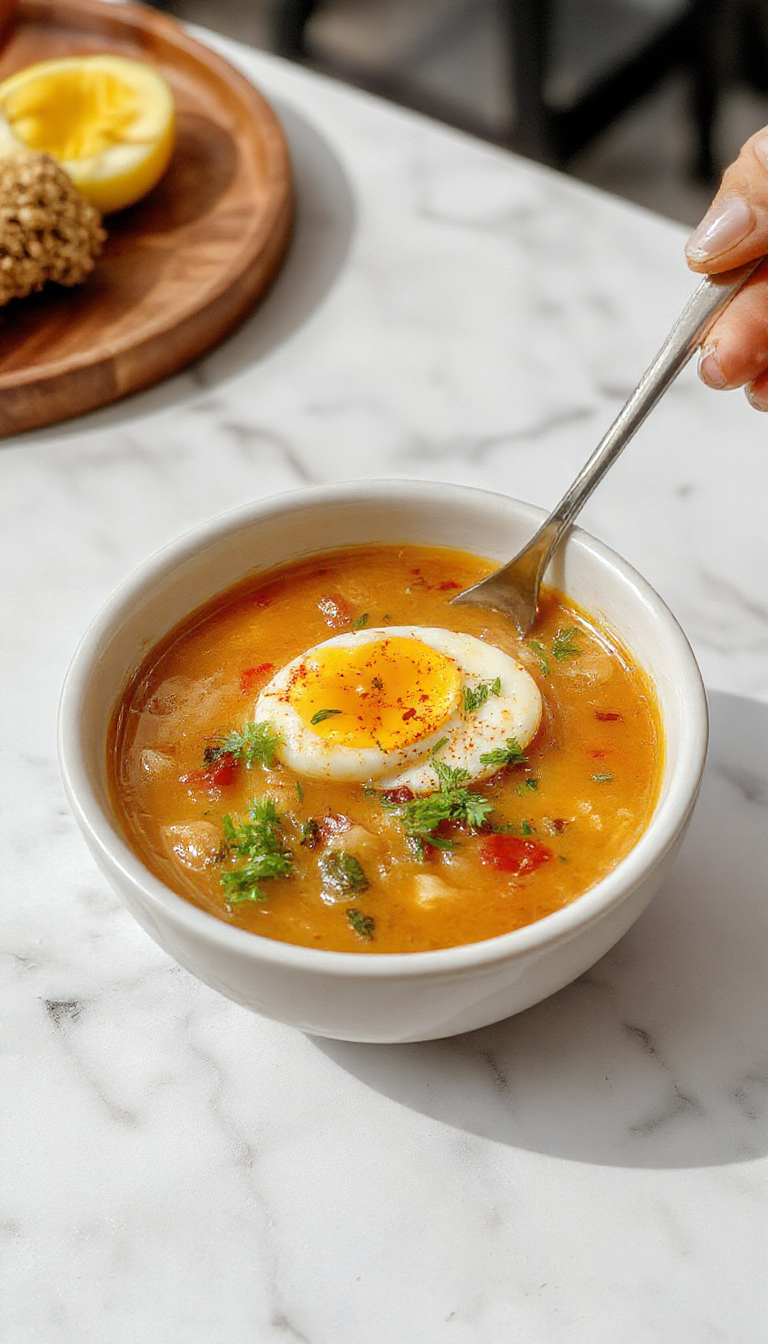 A steaming bowl of Sopa de Huevo Caído, featuring a clear golden broth with delicate, soft egg ribbons floating on top, garnished with chopped green onions and a few slices of soft tofu. The bowl is placed on a rustic wooden table, with a spoon partially submerged, capturing the inviting steam rising from the hot soup. The vibrant yellow of the eggs contrasts beautifully with the clear broth, creating a comforting and appetizing visual.