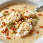 A creamy, comforting bowl of Sopa Cremosa de Pollo Blanco + Arroz featuring tender chunks of white chicken, fluffy rice, and a rich, velvety broth garnished with fresh herbs, served in a rustic bowl with a golden spoon, set against a warm, inviting backdrop.