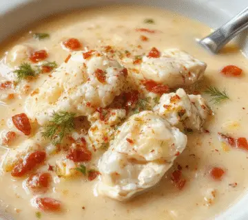 A creamy, comforting bowl of Sopa Cremosa de Pollo Blanco + Arroz featuring tender chunks of white chicken, fluffy rice, and a rich, velvety broth garnished with fresh herbs, served in a rustic bowl with a golden spoon, set against a warm, inviting backdrop.