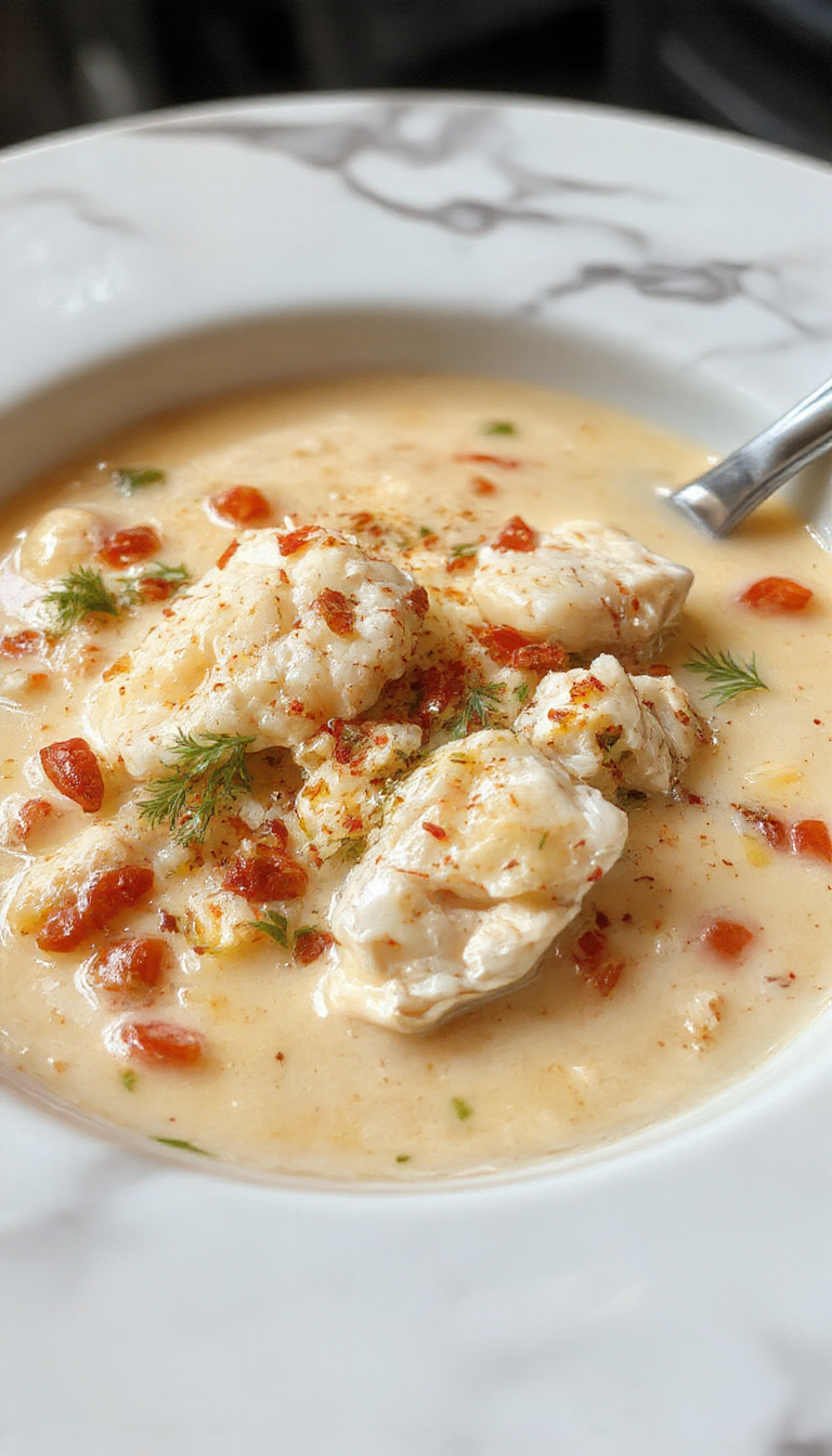 A creamy, comforting bowl of Sopa Cremosa de Pollo Blanco + Arroz featuring tender chunks of white chicken, fluffy rice, and a rich, velvety broth garnished with fresh herbs, served in a rustic bowl with a golden spoon, set against a warm, inviting backdrop.