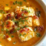 A steaming bowl of creamy chicken and mushroom soup featuring tender shredded chicken, sliced mushrooms, and a rich, velvety broth garnished with chopped herbs and a sprinkle of black pepper, presented on a rustic wooden table with fresh herbs around.