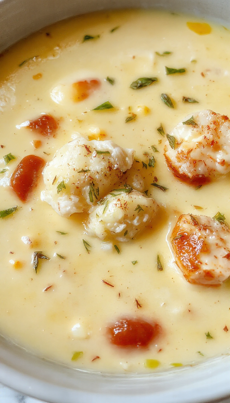 A creamy, golden-colored chicken soup in a rustic white bowl garnished with shredded parmesan cheese and fresh herbs, surrounded by a light-colored wooden table and silver spoon, steam gently rising from the hot soup.